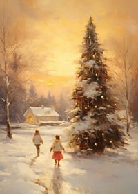 Watercolor of snow-covered village at sunset with Christmas tree-7
