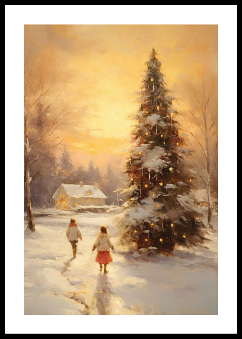 Watercolor of snow-covered village at sunset with Christmas tree-12