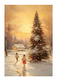 Watercolor of snow-covered village at sunset with Christmas tree-1