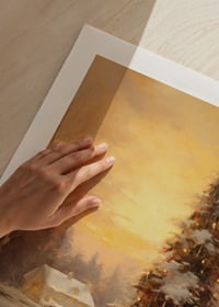 Watercolor of snow-covered village at sunset with Christmas tree-9