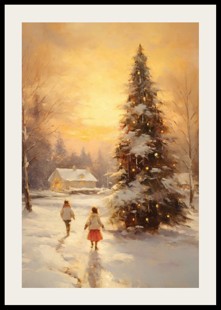 Akvarell av snødekt landsby ved solnedgang med juletre-12