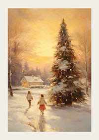 Watercolor of snow-covered village at sunset with Christmas tree-3