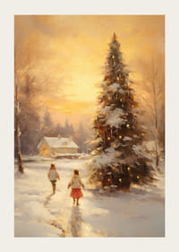 Akvarell av snødekt landsby ved solnedgang med juletre-3