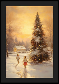 Akvarell av snødekt landsby ved solnedgang med juletre-4