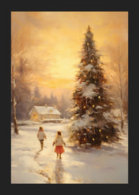 Akvarell av snødekt landsby ved solnedgang med juletre-5