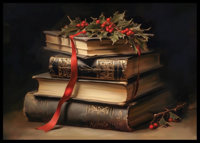 Illustrated classic books with holly and red bow-12
