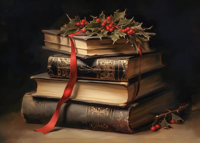 Illustrated classic books with holly and red bow-12