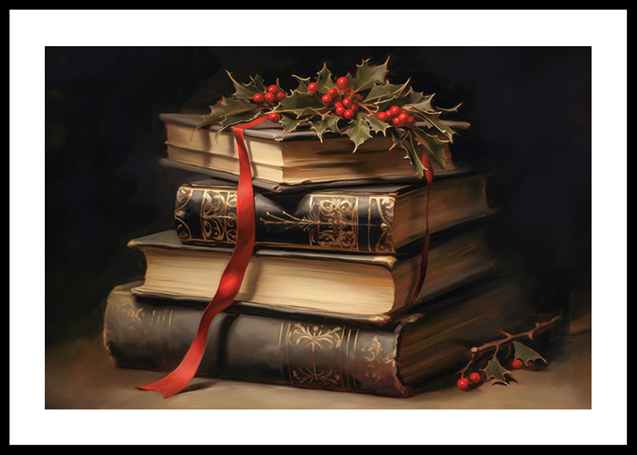 Illustrated classic books with holly and red bow-12