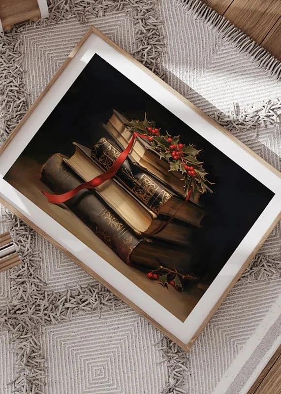 Illustrated classic books with holly and red bow-12