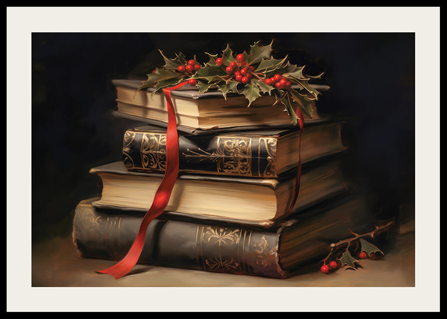 Illustrated classic books with holly and red bow-12