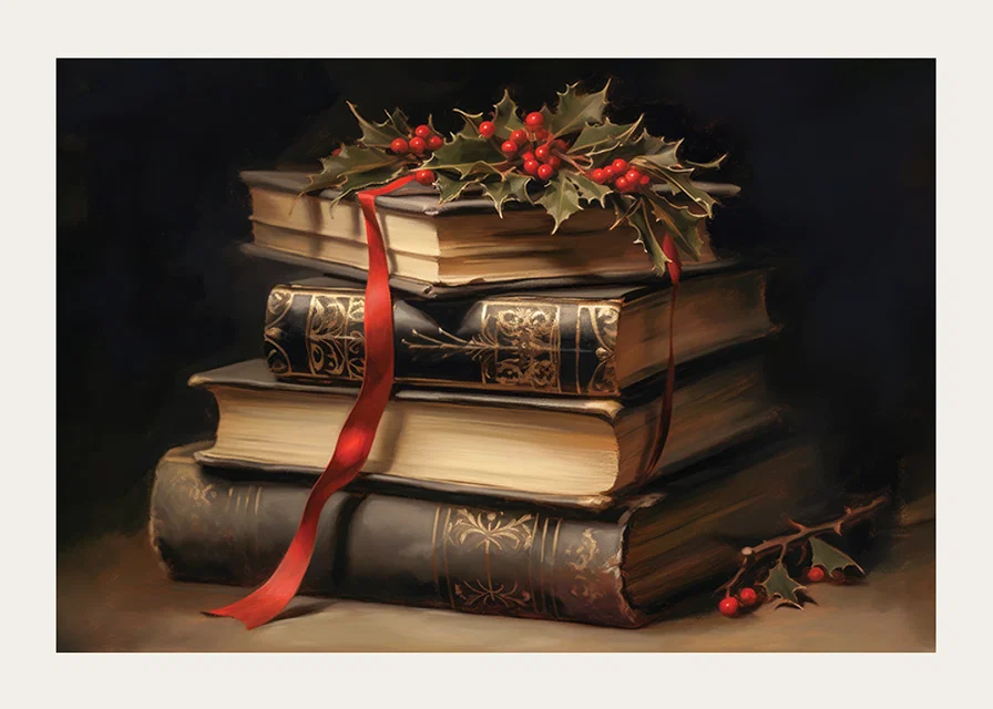 Illustrated classic books with holly and red bow-12