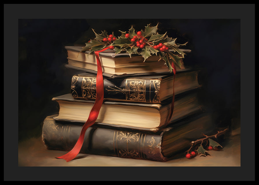 Illustrated classic books with holly and red bow-12