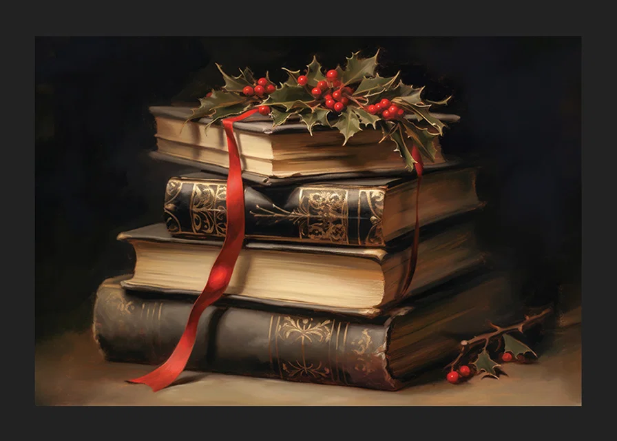 Illustrated classic books with holly and red bow-12
