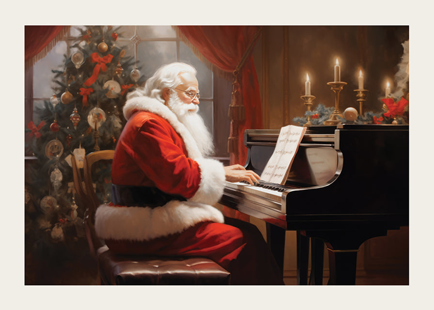 Tomte i röd dräkt spelar piano vid julgran och tända ljus-12