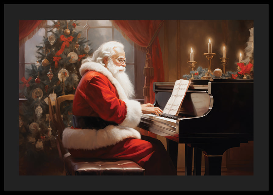 Tomte i röd dräkt spelar piano vid julgran och tända ljus-12