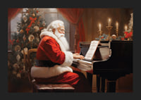 Tomte i röd dräkt spelar piano vid julgran och tända ljus-5