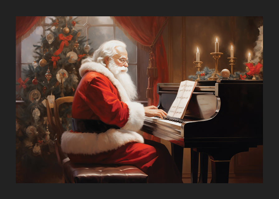 Tomte i röd dräkt spelar piano vid julgran och tända ljus-12