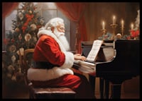 Tomte i röd dräkt spelar piano vid julgran och tända ljus-6