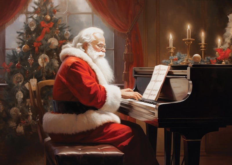 Tomte i röd dräkt spelar piano vid julgran och tända ljus-12