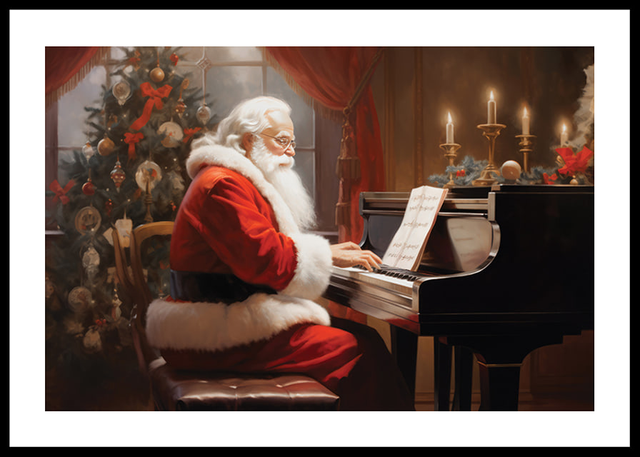 Tomte i röd dräkt spelar piano vid julgran och tända ljus-12