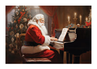 Tomte i röd dräkt spelar piano vid julgran och tända ljus-1