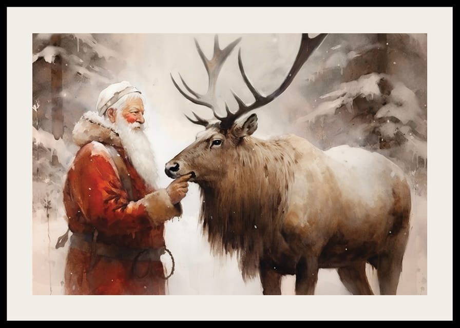 Acquerello di Babbo Natale con le renne in un ambiente forestale invernale-12