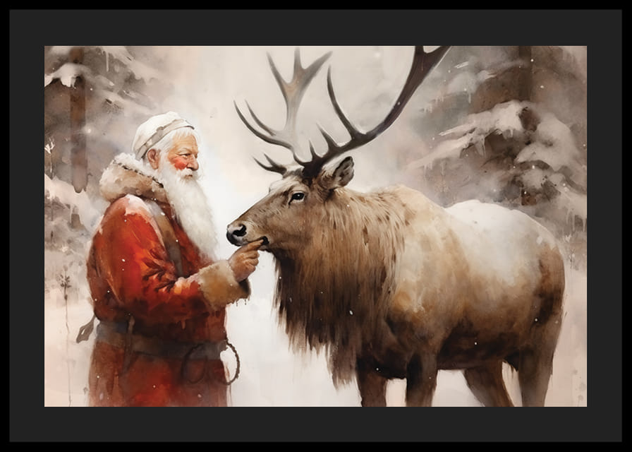 Acquerello di Babbo Natale con le renne in un ambiente forestale invernale-12
