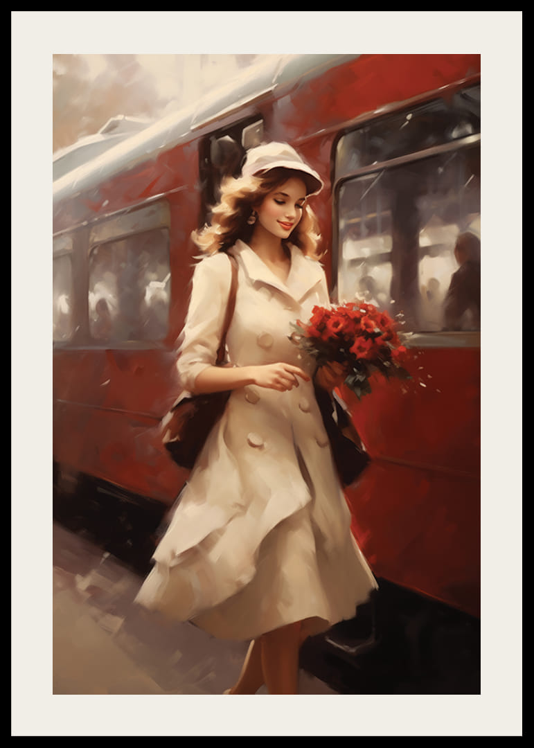 Maalattu nainen vaaleassa takissa ja kukissa punaisen laahuksen äärellä-12