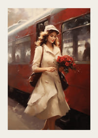 Maalattu nainen vaaleassa takissa ja kukissa punaisen laahuksen äärellä-3