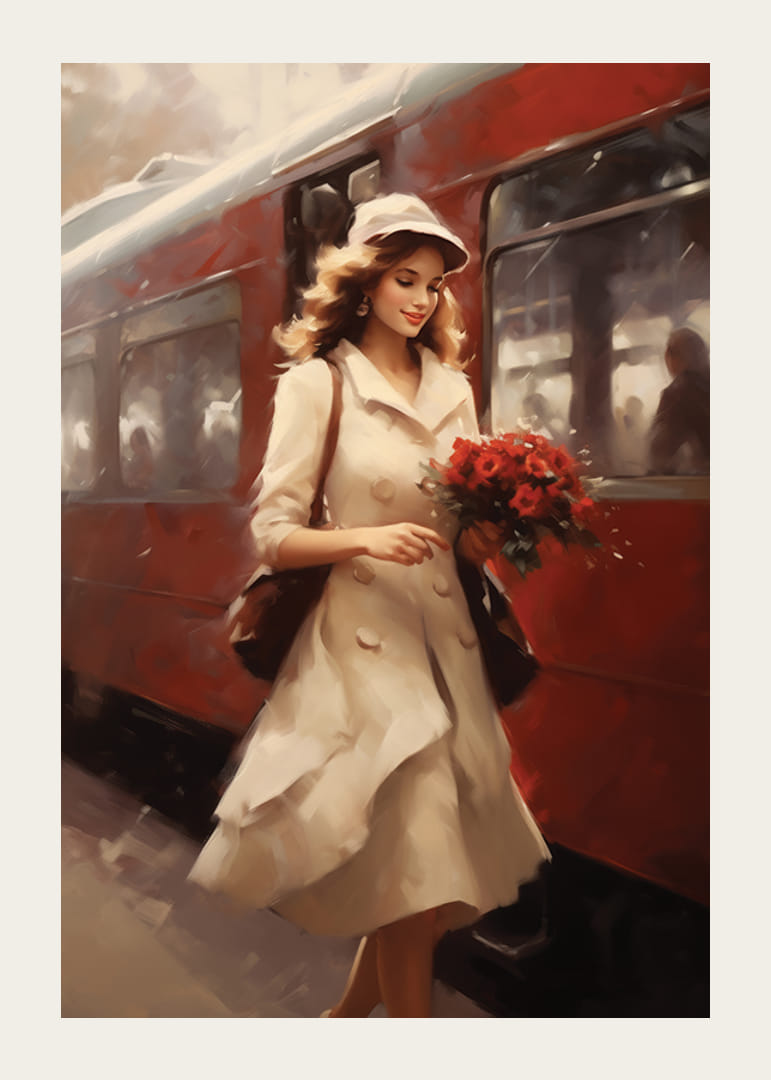 Maalattu nainen vaaleassa takissa ja kukissa punaisen laahuksen äärellä-12