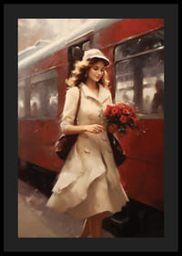 Maalattu nainen vaaleassa takissa ja kukissa punaisen laahuksen äärellä-4