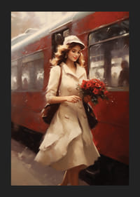 Maalattu nainen vaaleassa takissa ja kukissa punaisen laahuksen äärellä-5