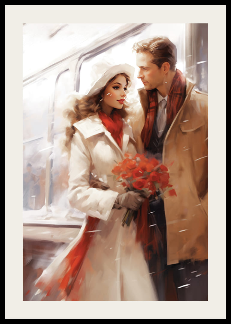 Illusztrált férfi és nő vonattal, téli ruhák, vörös árnyalatok-12