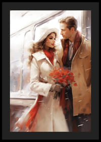 Illusztrált férfi és nő vonattal, téli ruhák, vörös árnyalatok-4