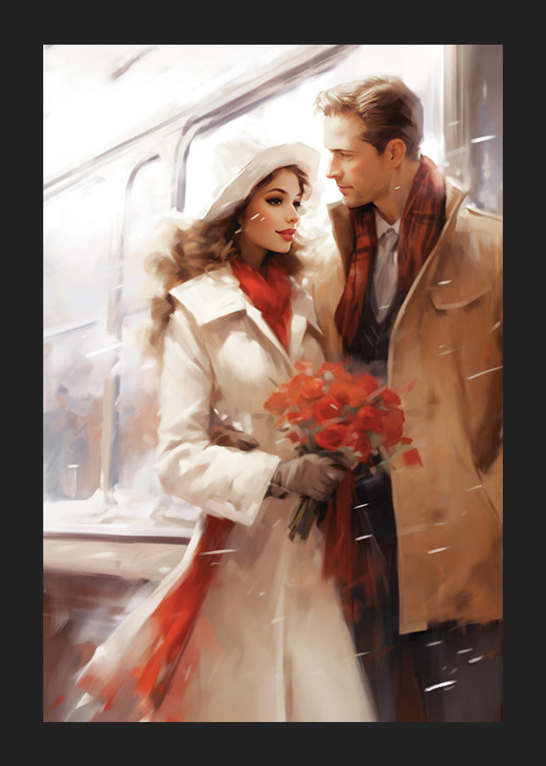 Illusztrált férfi és nő vonattal, téli ruhák, vörös árnyalatok-12