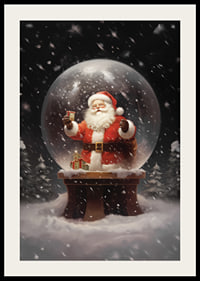 Illustrerad jultomte i snöglob med gåva och vinterlandskap-2