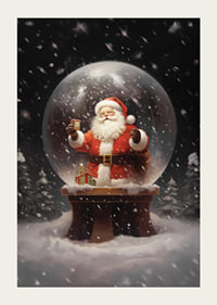Illustrerad jultomte i snöglob med gåva och vinterlandskap-3