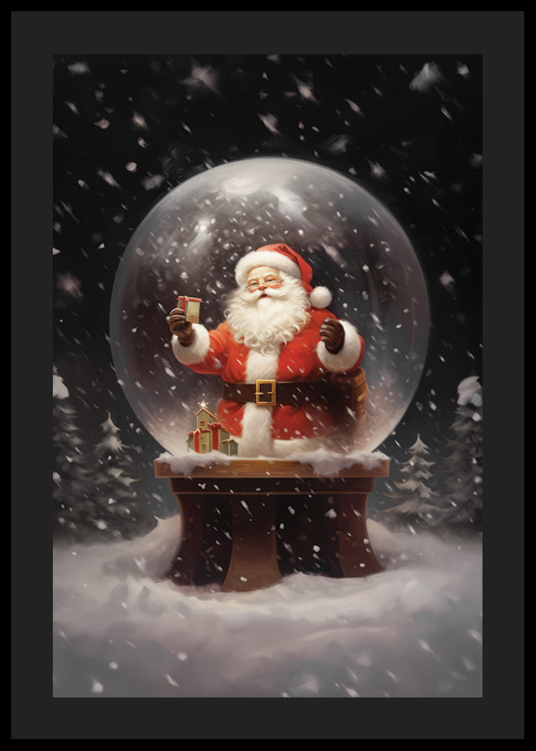 Père Noël illustré dans une boule à neige avec un cadeau et un paysage hivernal-12