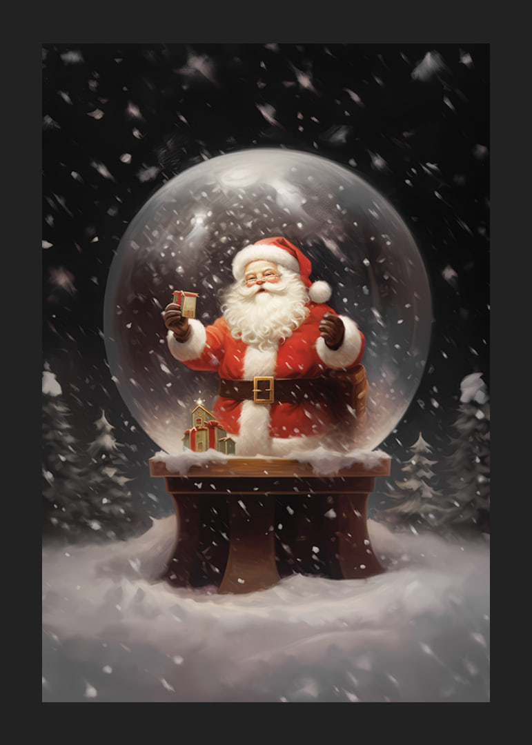 Illustrerad jultomte i snöglob med gåva och vinterlandskap-12