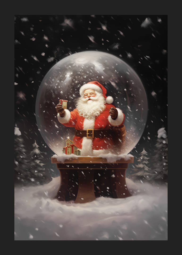 Père Noël illustré dans une boule à neige avec un cadeau et un paysage hivernal-12