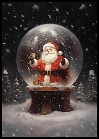 Illustrerad jultomte i snöglob med gåva och vinterlandskap-6