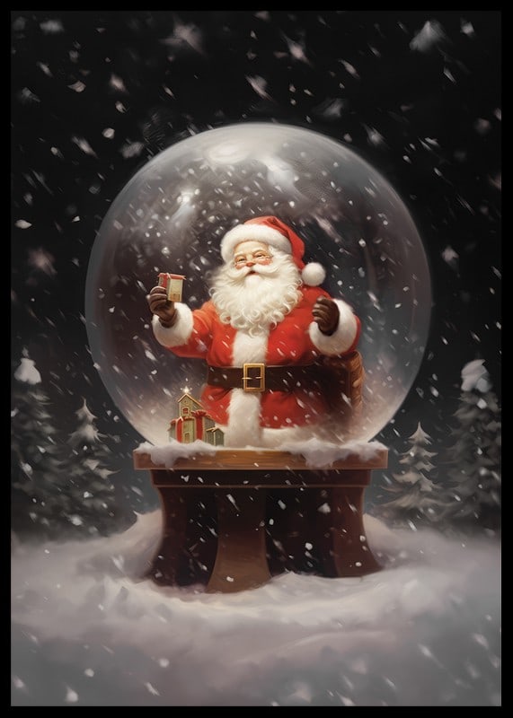 Illustrerad jultomte i snöglob med gåva och vinterlandskap-12