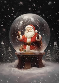Illustrerad jultomte i snöglob med gåva och vinterlandskap-7
