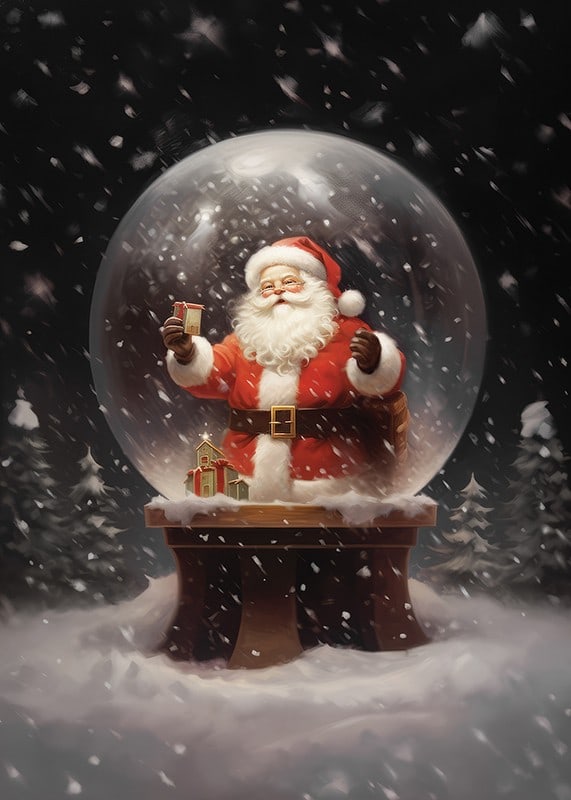 Illustrerad jultomte i snöglob med gåva och vinterlandskap-12