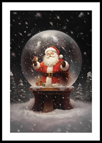 Illustrerad jultomte i snöglob med gåva och vinterlandskap-0