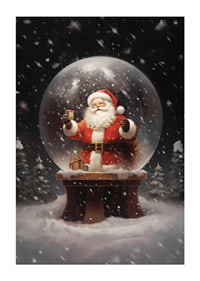 Illustrerad jultomte i snöglob med gåva och vinterlandskap-1