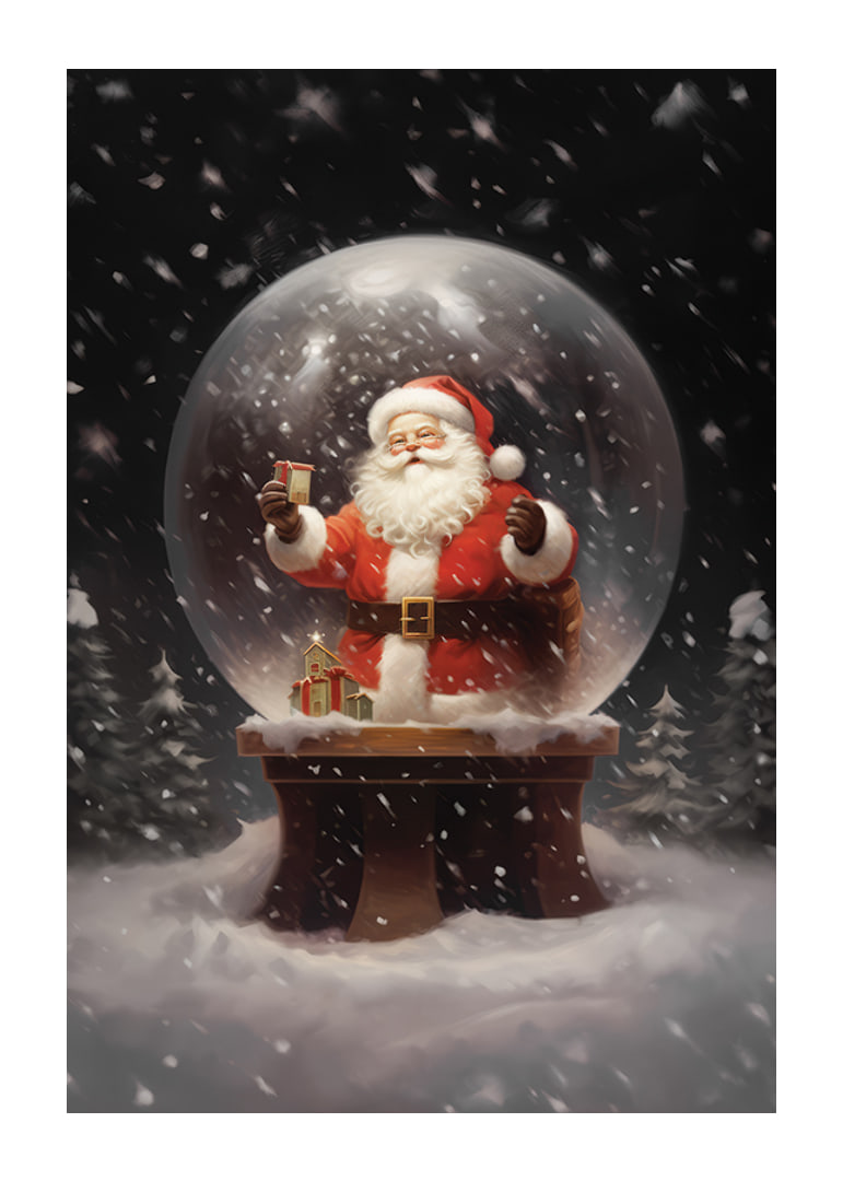 Illustrerad jultomte i snöglob med gåva och vinterlandskap-12