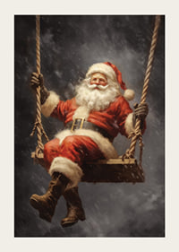 Illustrated Santa Claus on a swing against a dark background in snowfall-3