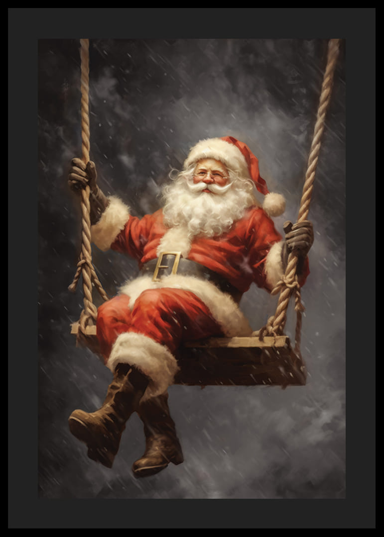 Illusztrált Mikulás hintán sötét háttér előtt, havazásban-12