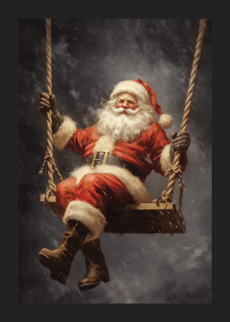 Illusztrált Mikulás hintán sötét háttér előtt, havazásban-12